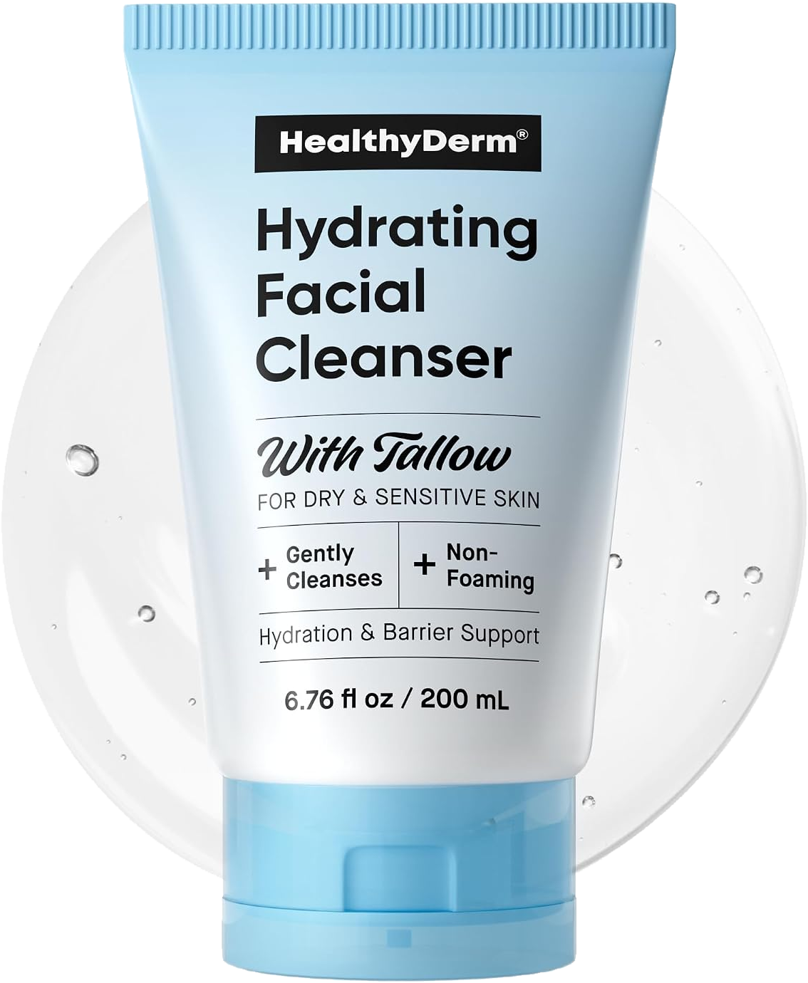 HealthyDerm Hydrating Facial Cleanser with Tallow, 6.76 fl oz tube, on a swirl of clear gel